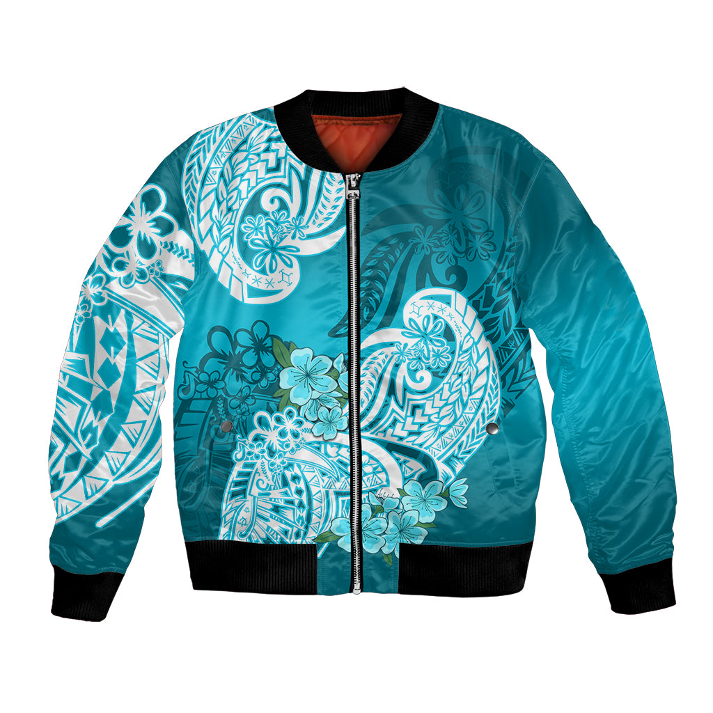 Polynesian Bomber Jacket Pacific Flower Mix Floral Tribal Tattoo Aqua Vibe LT9 - Wonder Print Shop