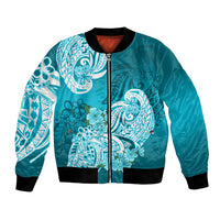 Polynesian Bomber Jacket Pacific Flower Mix Floral Tribal Tattoo Aqua Vibe LT9 - Wonder Print Shop