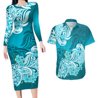 Polynesian Couples Matching Long Sleeve Bodycon Dress and Hawaiian Shirt Pacific Flower Mix Floral Tribal Tattoo Aqua Vibe LT9 - Wonder Print Shop