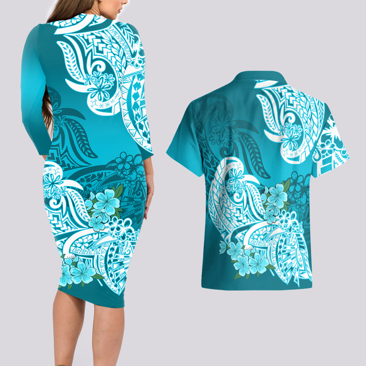 Polynesian Couples Matching Long Sleeve Bodycon Dress and Hawaiian Shirt Pacific Flower Mix Floral Tribal Tattoo Aqua Vibe LT9 - Wonder Print Shop