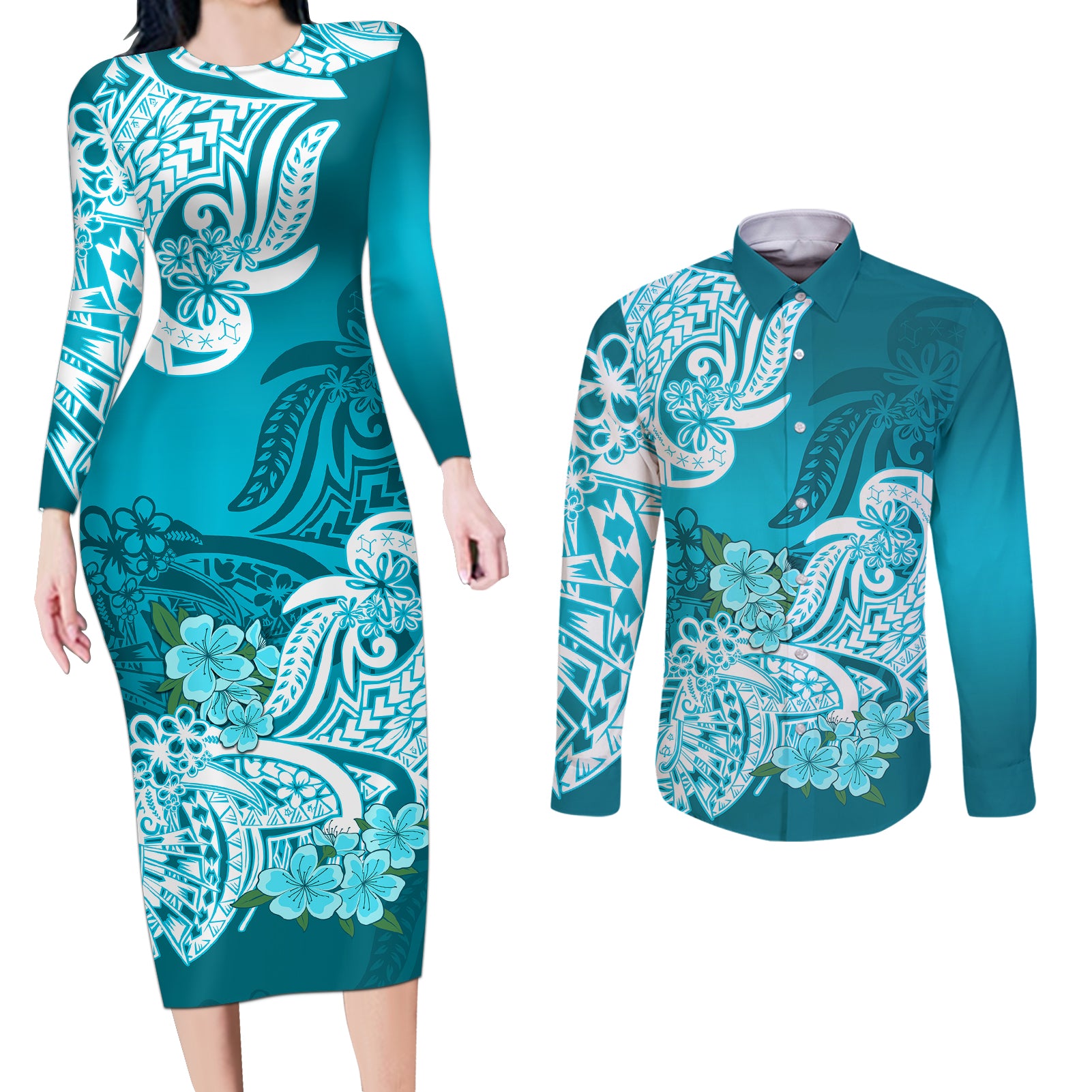 Polynesian Couples Matching Long Sleeve Bodycon Dress and Long Sleeve Button Shirts Pacific Flower Mix Floral Tribal Tattoo Aqua Vibe LT9 - Wonder Print Shop