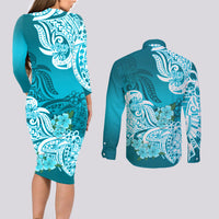 Polynesian Couples Matching Long Sleeve Bodycon Dress and Long Sleeve Button Shirts Pacific Flower Mix Floral Tribal Tattoo Aqua Vibe LT9 - Wonder Print Shop