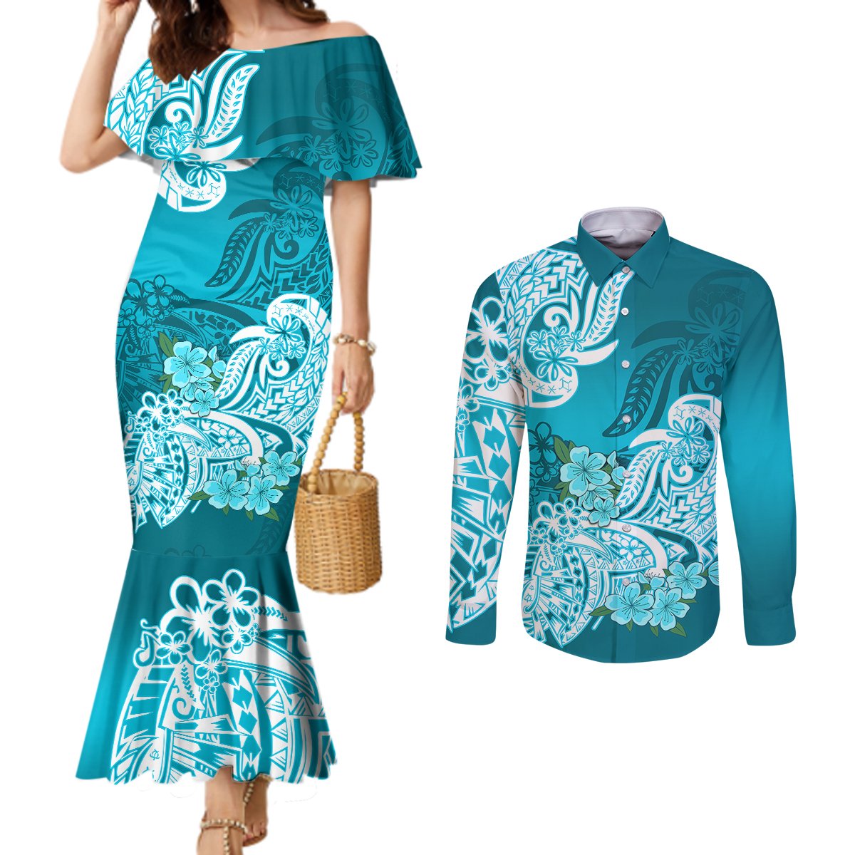 polynesian-couples-matching-mermaid-dress-and-long-sleeve-button-shirts-pacific-flower-mix-floral-tribal-tattoo-aqua-vibe