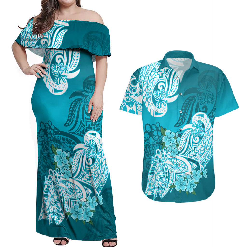 Polynesian Couples Matching Off Shoulder Maxi Dress and Hawaiian Shirt Pacific Flower Mix Floral Tribal Tattoo Aqua Vibe LT9 - Wonder Print Shop