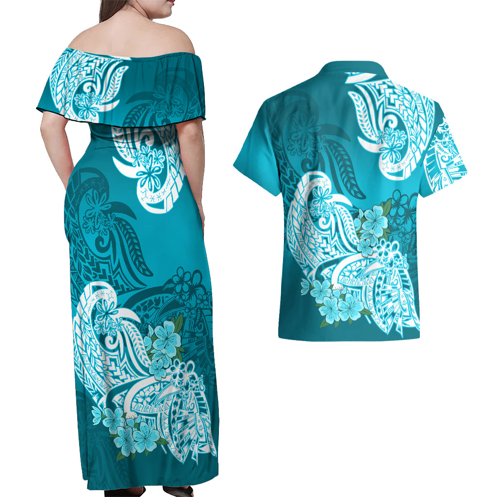Polynesian Couples Matching Off Shoulder Maxi Dress and Hawaiian Shirt Pacific Flower Mix Floral Tribal Tattoo Aqua Vibe LT9 - Wonder Print Shop