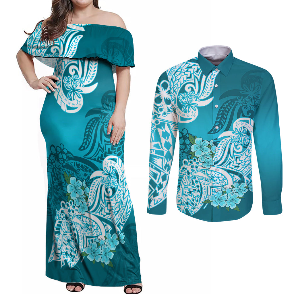 Polynesian Couples Matching Off Shoulder Maxi Dress and Long Sleeve Button Shirts Pacific Flower Mix Floral Tribal Tattoo Aqua Vibe LT9 - Wonder Print Shop