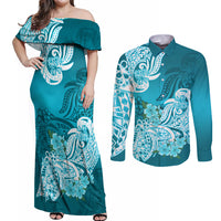Polynesian Couples Matching Off Shoulder Maxi Dress and Long Sleeve Button Shirts Pacific Flower Mix Floral Tribal Tattoo Aqua Vibe LT9 - Wonder Print Shop