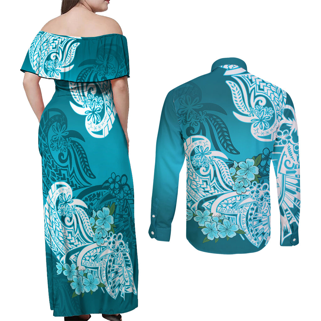 Polynesian Couples Matching Off Shoulder Maxi Dress and Long Sleeve Button Shirts Pacific Flower Mix Floral Tribal Tattoo Aqua Vibe LT9 - Wonder Print Shop