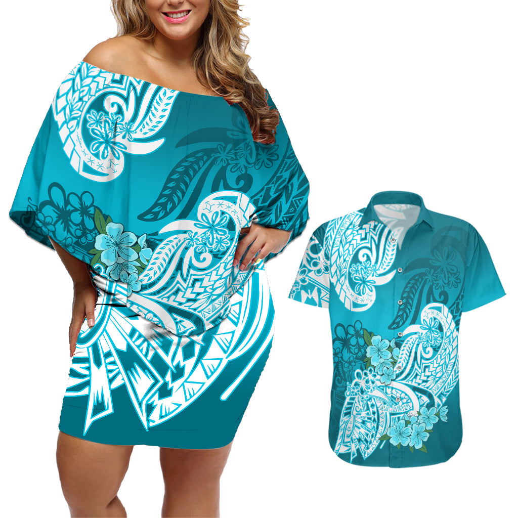 Polynesian Couples Matching Off Shoulder Short Dress and Hawaiian Shirt Pacific Flower Mix Floral Tribal Tattoo Aqua Vibe LT9 - Wonder Print Shop