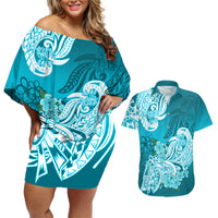 Polynesian Couples Matching Off Shoulder Short Dress and Hawaiian Shirt Pacific Flower Mix Floral Tribal Tattoo Aqua Vibe LT9 - Wonder Print Shop