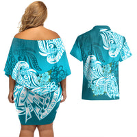 Polynesian Couples Matching Off Shoulder Short Dress and Hawaiian Shirt Pacific Flower Mix Floral Tribal Tattoo Aqua Vibe LT9 - Wonder Print Shop