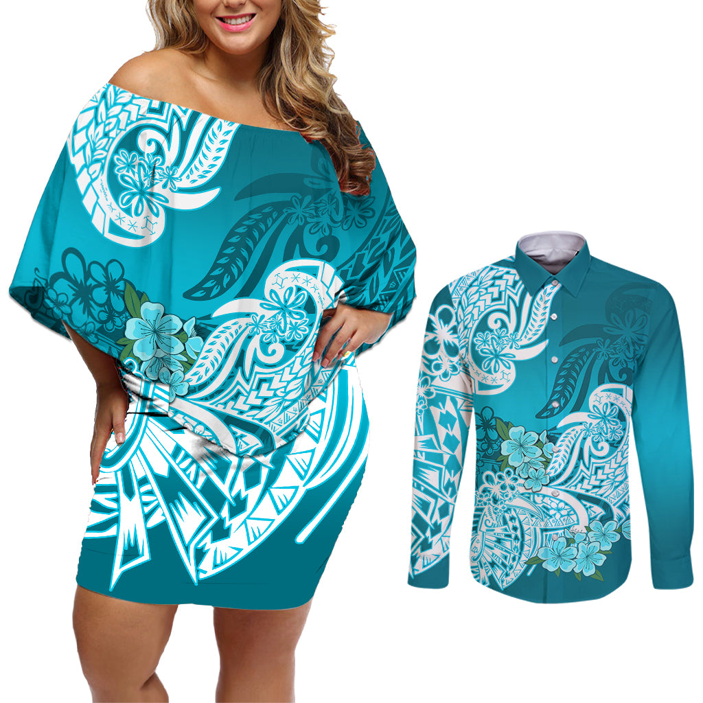 Polynesian Couples Matching Off Shoulder Short Dress and Long Sleeve Button Shirts Pacific Flower Mix Floral Tribal Tattoo Aqua Vibe LT9 - Wonder Print Shop