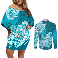 Aqua off-shoulder short dress with white floral tribal print; long-sleeve button shirt