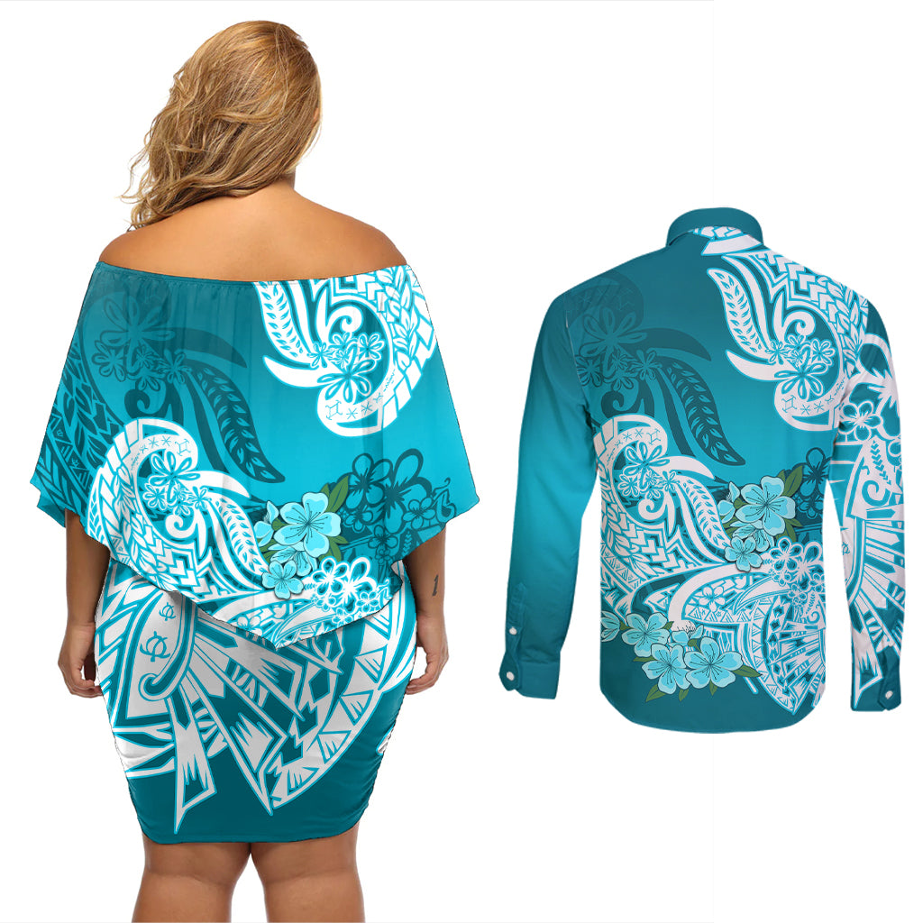 Aqua off-shoulder short dress and long-sleeve button shirt, back floral tribal print