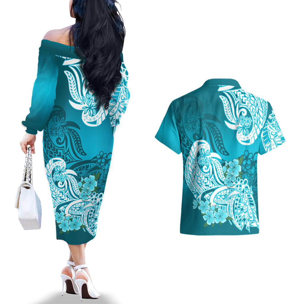 Polynesian Couples Matching Off The Shoulder Long Sleeve Dress and Hawaiian Shirt Pacific Flower Mix Floral Tribal Tattoo Aqua Vibe LT9 - Wonder Print Shop