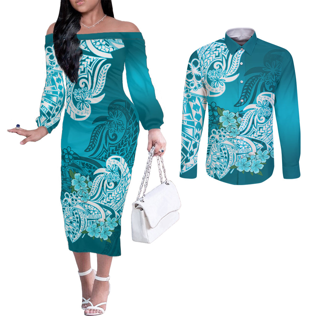 polynesian-couples-matching-off-the-shoulder-long-sleeve-dress-and-long-sleeve-button-shirts-pacific-flower-mix-floral-tribal-tattoo-aqua-vibe