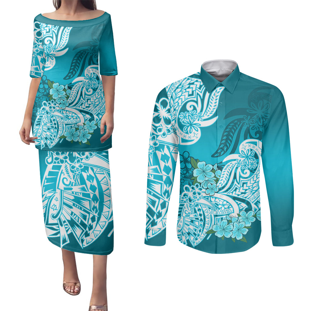 Polynesian Couples Matching Puletasi Dress and Long Sleeve Button Shirts Pacific Flower Mix Floral Tribal Tattoo Aqua Vibe LT9 - Wonder Print Shop