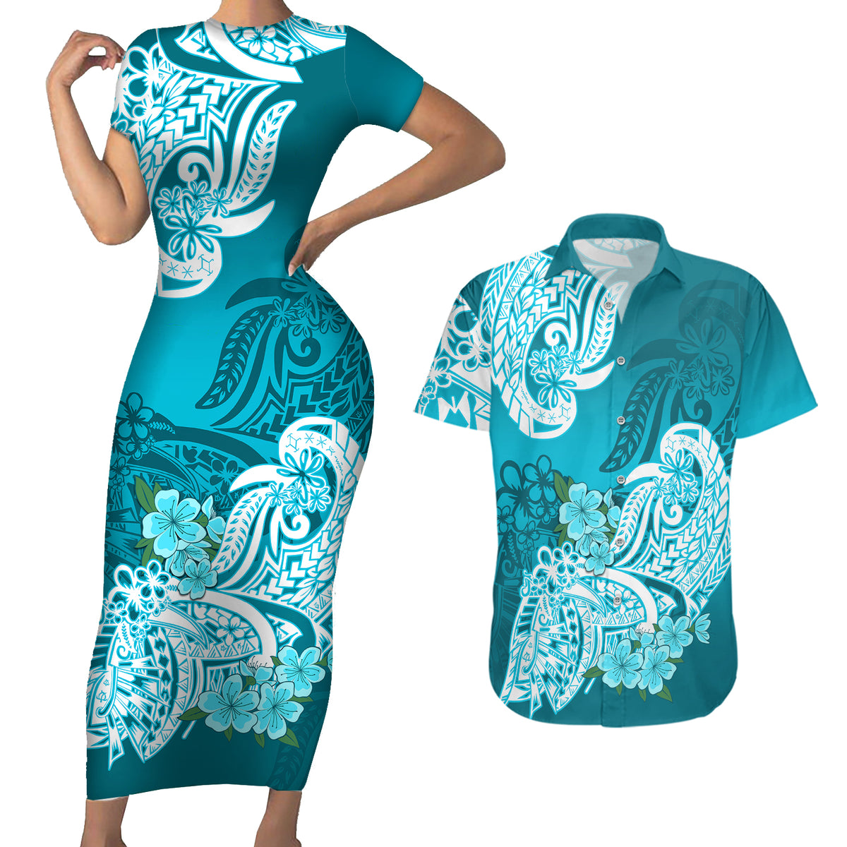 Polynesian Couples Matching Short Sleeve Bodycon Dress and Hawaiian Shirt Pacific Flower Mix Floral Tribal Tattoo Aqua Vibe LT9 - Wonder Print Shop