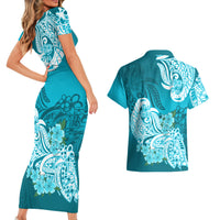 Polynesian Couples Matching Short Sleeve Bodycon Dress and Hawaiian Shirt Pacific Flower Mix Floral Tribal Tattoo Aqua Vibe LT9 - Wonder Print Shop