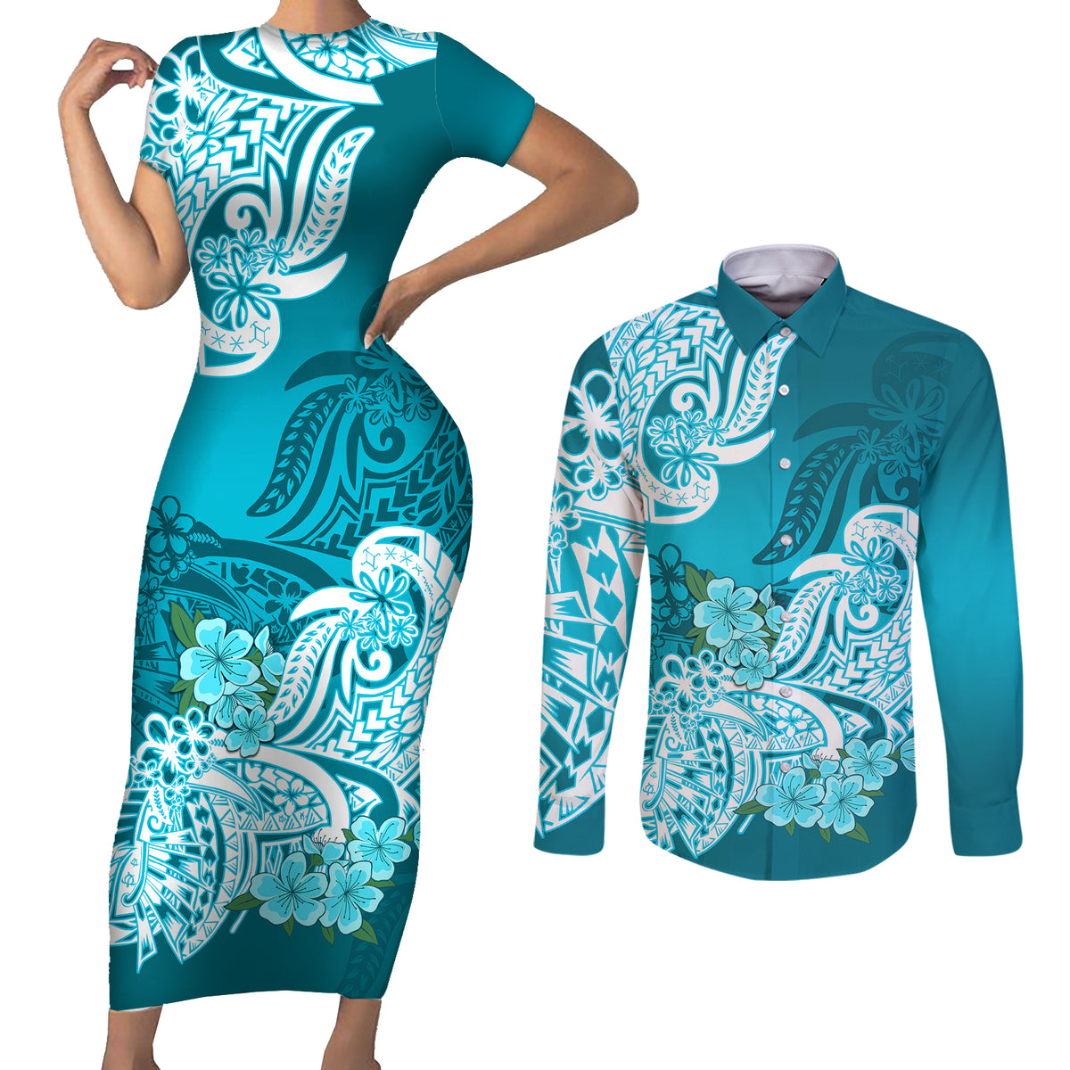 Polynesian Couples Matching Short Sleeve Bodycon Dress and Long Sleeve Button Shirts Pacific Flower Mix Floral Tribal Tattoo Aqua Vibe LT9 - Wonder Print Shop