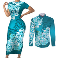 Polynesian Couples Matching Short Sleeve Bodycon Dress and Long Sleeve Button Shirts Pacific Flower Mix Floral Tribal Tattoo Aqua Vibe LT9 - Wonder Print Shop