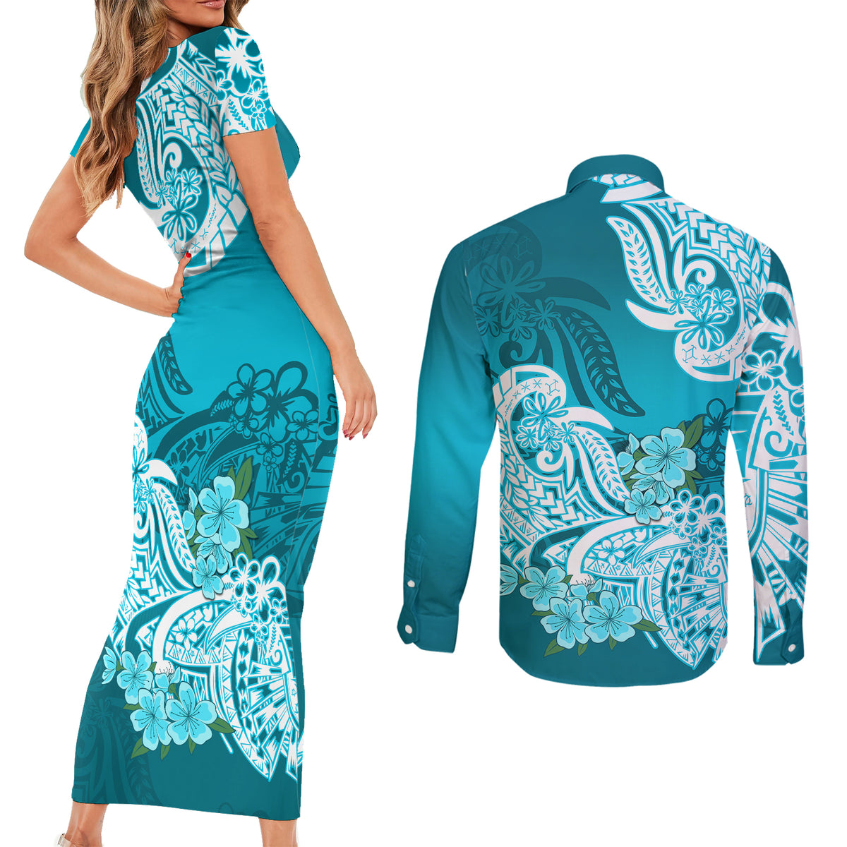 Polynesian Couples Matching Short Sleeve Bodycon Dress and Long Sleeve Button Shirts Pacific Flower Mix Floral Tribal Tattoo Aqua Vibe LT9 - Wonder Print Shop