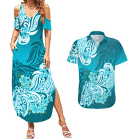 Polynesian Couples Matching Summer Maxi Dress and Hawaiian Shirt Pacific Flower Mix Floral Tribal Tattoo Aqua Vibe LT9 - Wonder Print Shop