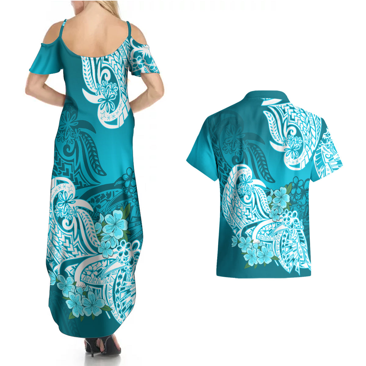 Polynesian Couples Matching Summer Maxi Dress and Hawaiian Shirt Pacific Flower Mix Floral Tribal Tattoo Aqua Vibe LT9 - Wonder Print Shop