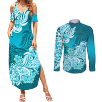 Polynesian Couples Matching Summer Maxi Dress and Long Sleeve Button Shirts Pacific Flower Mix Floral Tribal Tattoo Aqua Vibe LT9 - Wonder Print Shop