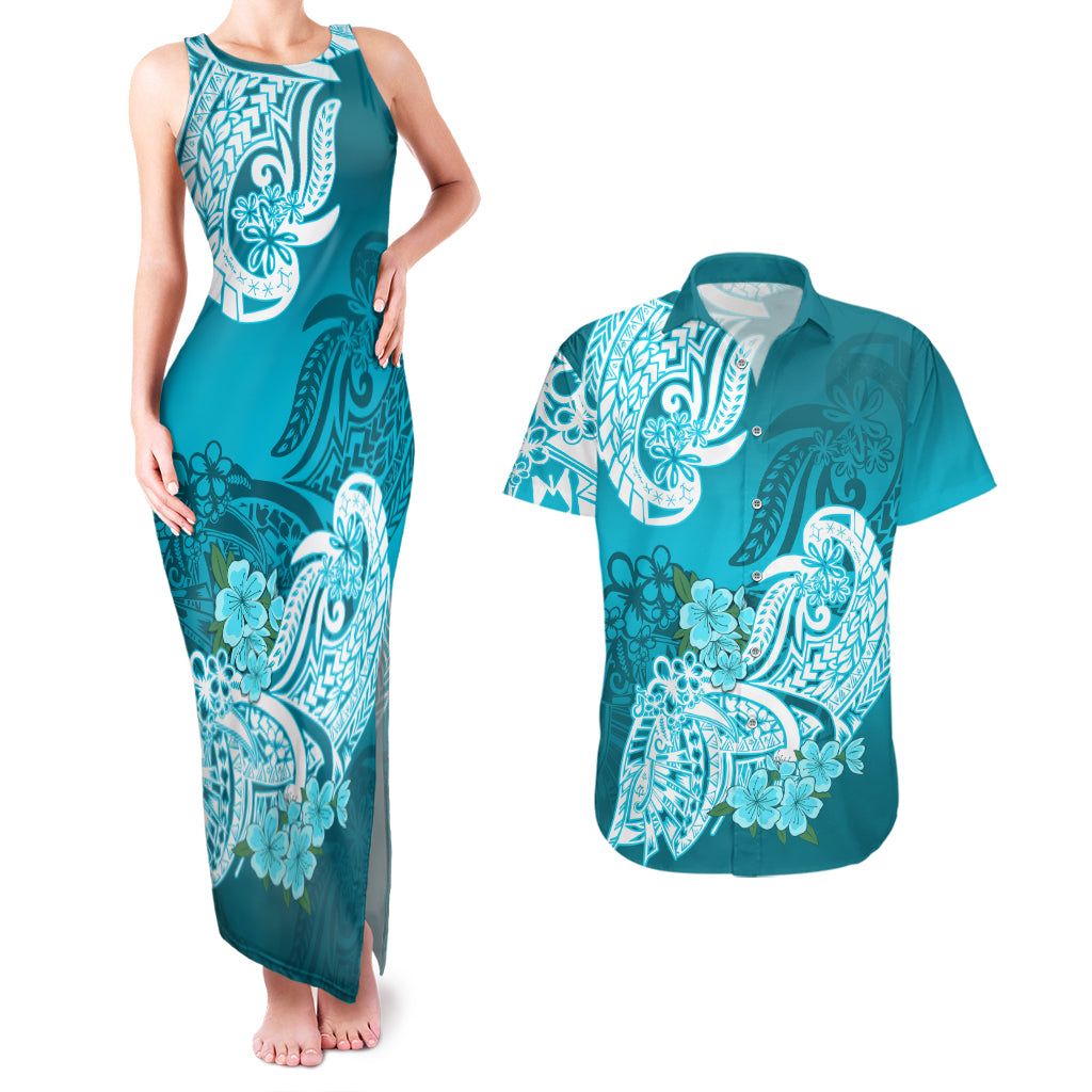 Polynesian Couples Matching Tank Maxi Dress And Hawaiian Shirt Pacific Flower Mix Floral Tribal Tattoo Aqua Vibe LT9 - Wonder Print Shop