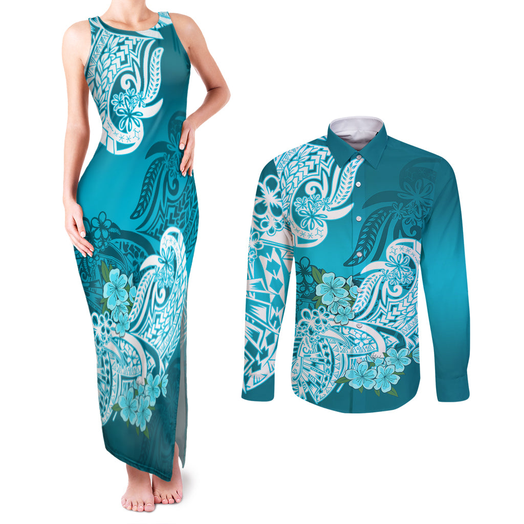 Polynesian Couples Matching Tank Maxi Dress and Long Sleeve Button Shirts Pacific Flower Mix Floral Tribal Tattoo Aqua Vibe LT9 - Wonder Print Shop