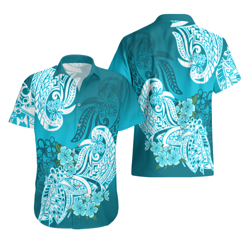 Polynesian Hawaiian Shirt Pacific Flower Mix Floral Tribal Tattoo Aqua Vibe - Wonder Print Shop