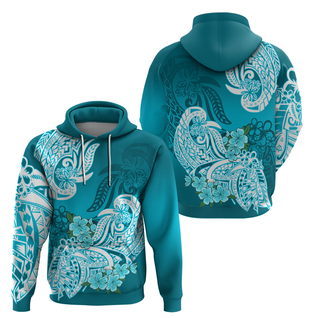 Polynesian Hoodie Pacific Flower Mix Floral Tribal Tattoo Aqua Vibe - Wonder Print Shop