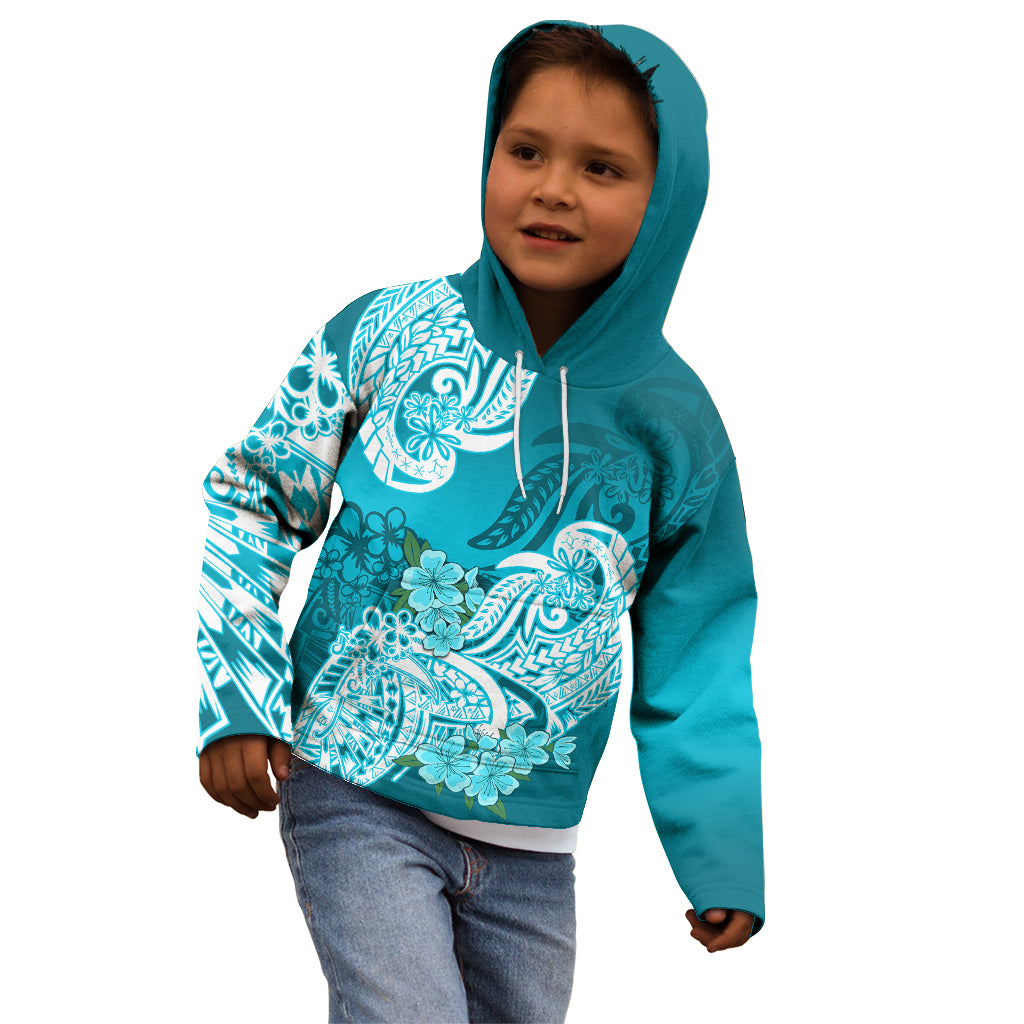Polynesian Kid Hoodie Pacific Flower Mix Floral Tribal Tattoo Aqua Vibe - Wonder Print Shop