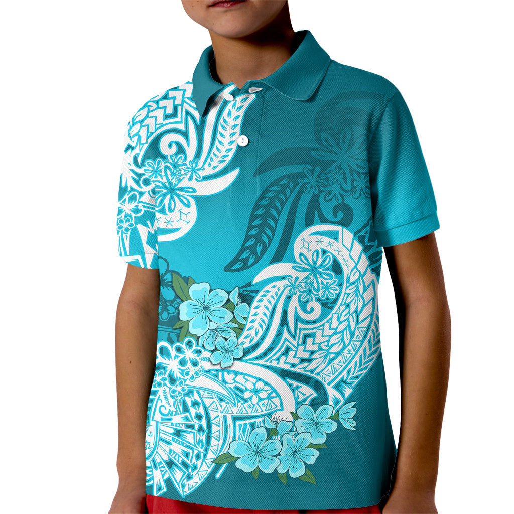 Polynesian Kid Polo Shirt Pacific Flower Mix Floral Tribal Tattoo Aqua Vibe - Wonder Print Shop