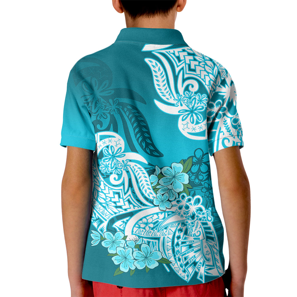 Polynesian Kid Polo Shirt Pacific Flower Mix Floral Tribal Tattoo Aqua Vibe - Wonder Print Shop