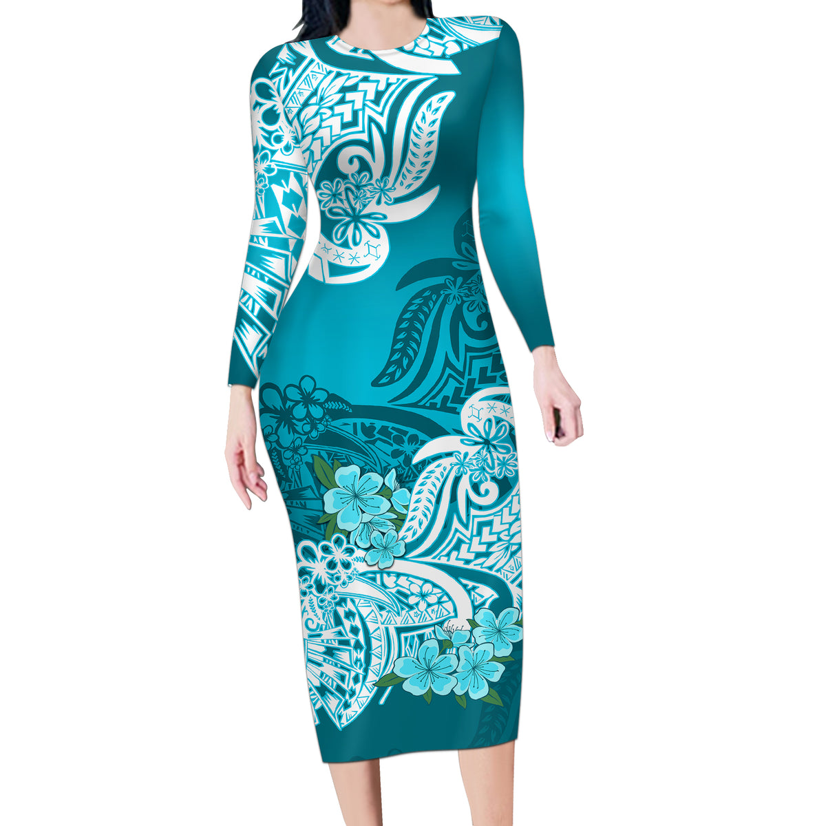 Polynesian Long Sleeve Bodycon Dress Pacific Flower Mix Floral Tribal Tattoo Aqua Vibe - Wonder Print Shop