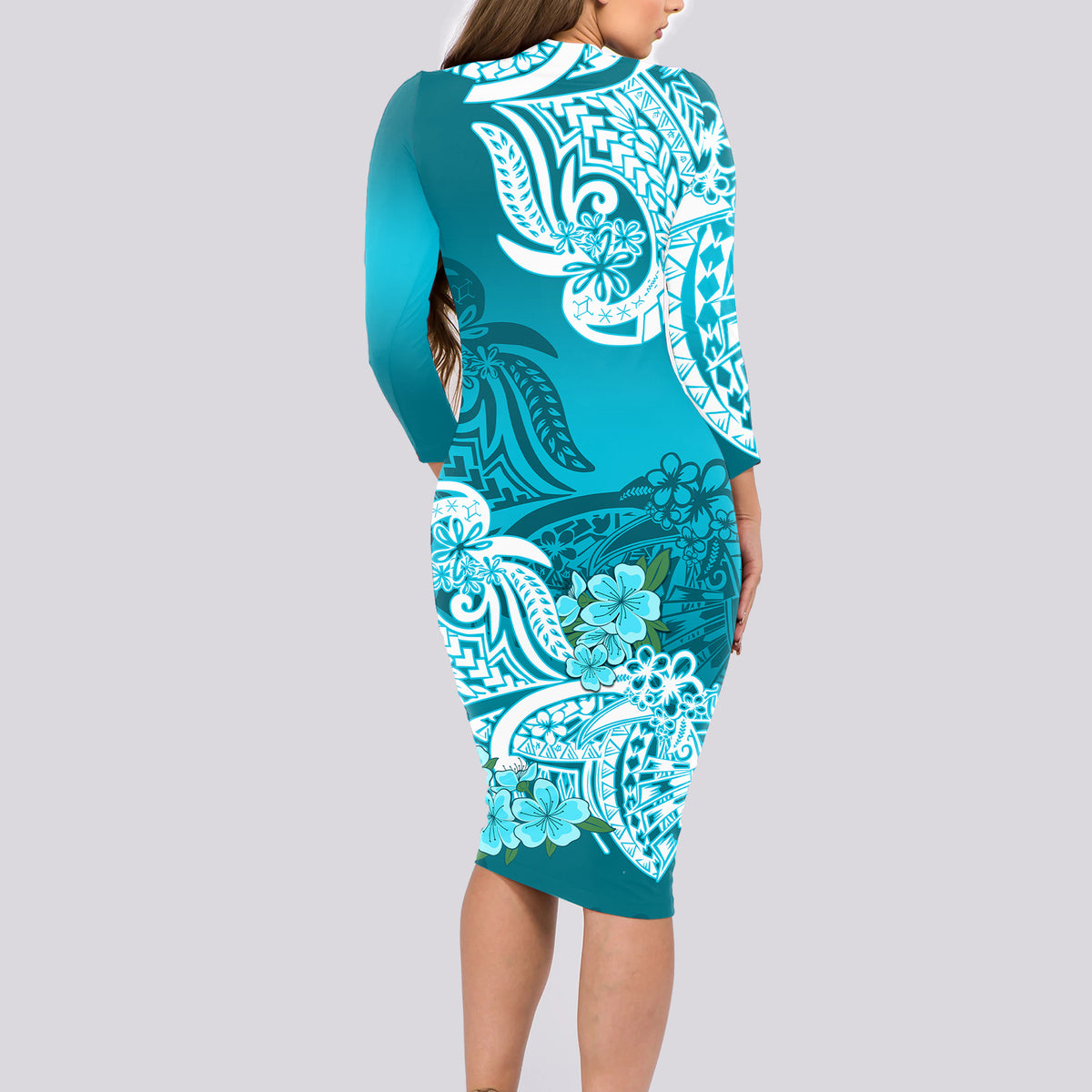 Polynesian Long Sleeve Bodycon Dress Pacific Flower Mix Floral Tribal Tattoo Aqua Vibe - Wonder Print Shop