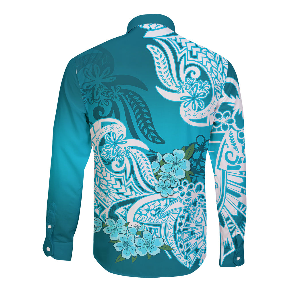 Polynesian Long Sleeve Button Shirt Pacific Flower Mix Floral Tribal Tattoo Aqua Vibe - Wonder Print Shop