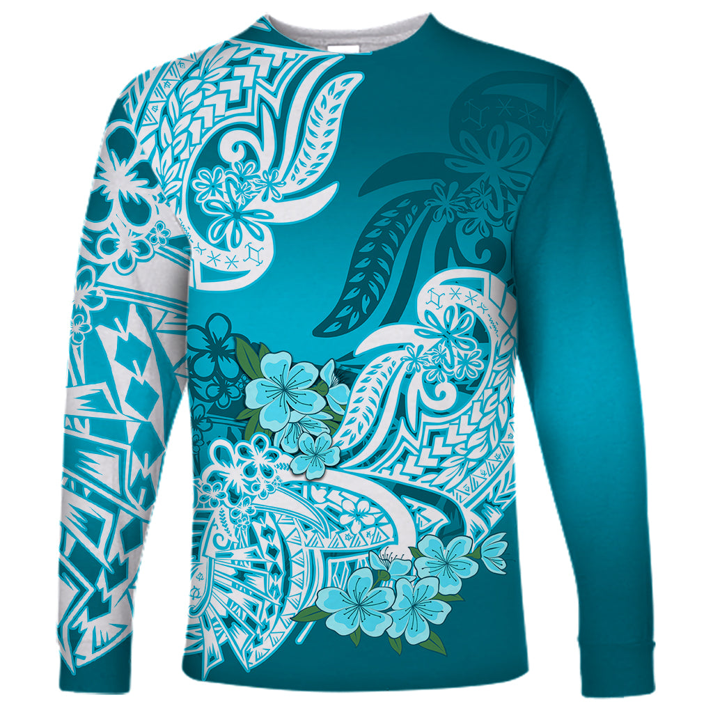 Polynesian Long Sleeve Shirt Pacific Flower Mix Floral Tribal Tattoo Aqua Vibe - Wonder Print Shop