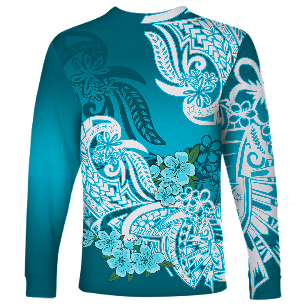 Polynesian Long Sleeve Shirt Pacific Flower Mix Floral Tribal Tattoo Aqua Vibe - Wonder Print Shop