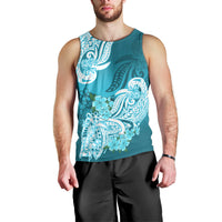 Aqua men’s tank top with front white floral tribal design