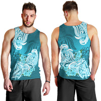 Aqua men’s tank top showing front and back white floral tribal prints