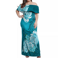 Polynesian Off Shoulder Maxi Dress Pacific Flower Mix Floral Tribal Tattoo Aqua Vibe - Wonder Print Shop