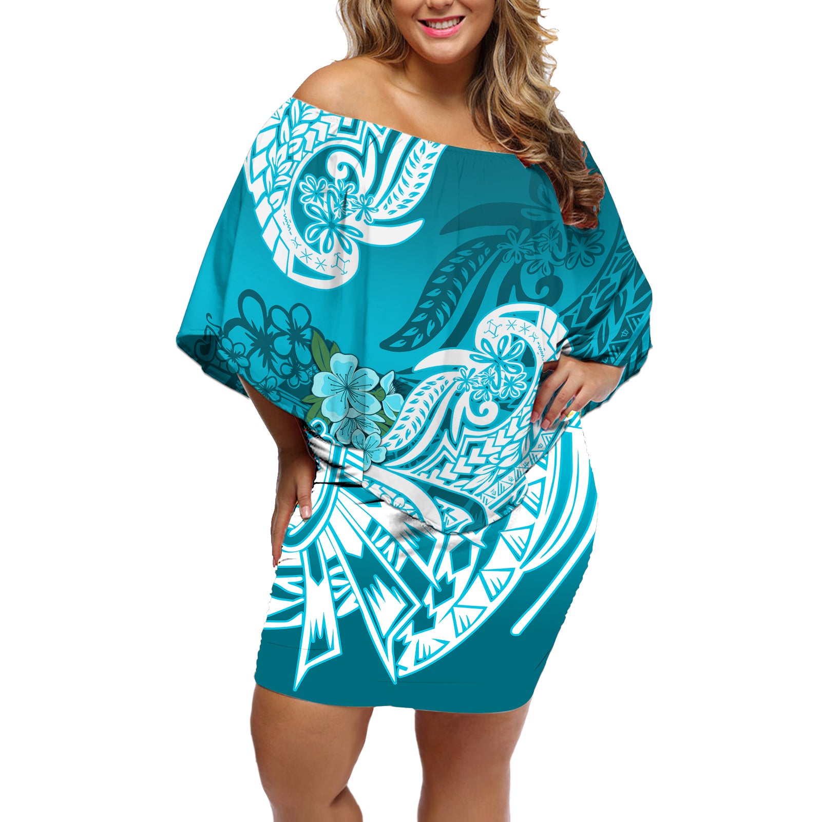 Polynesian Off Shoulder Short Dress Pacific Flower Mix Floral Tribal Tattoo Aqua Vibe - Wonder Print Shop