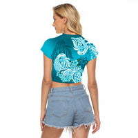 Polynesian Raglan Cropped T Shirt Pacific Flower Mix Floral Tribal Tattoo Aqua Vibe - Wonder Print Shop