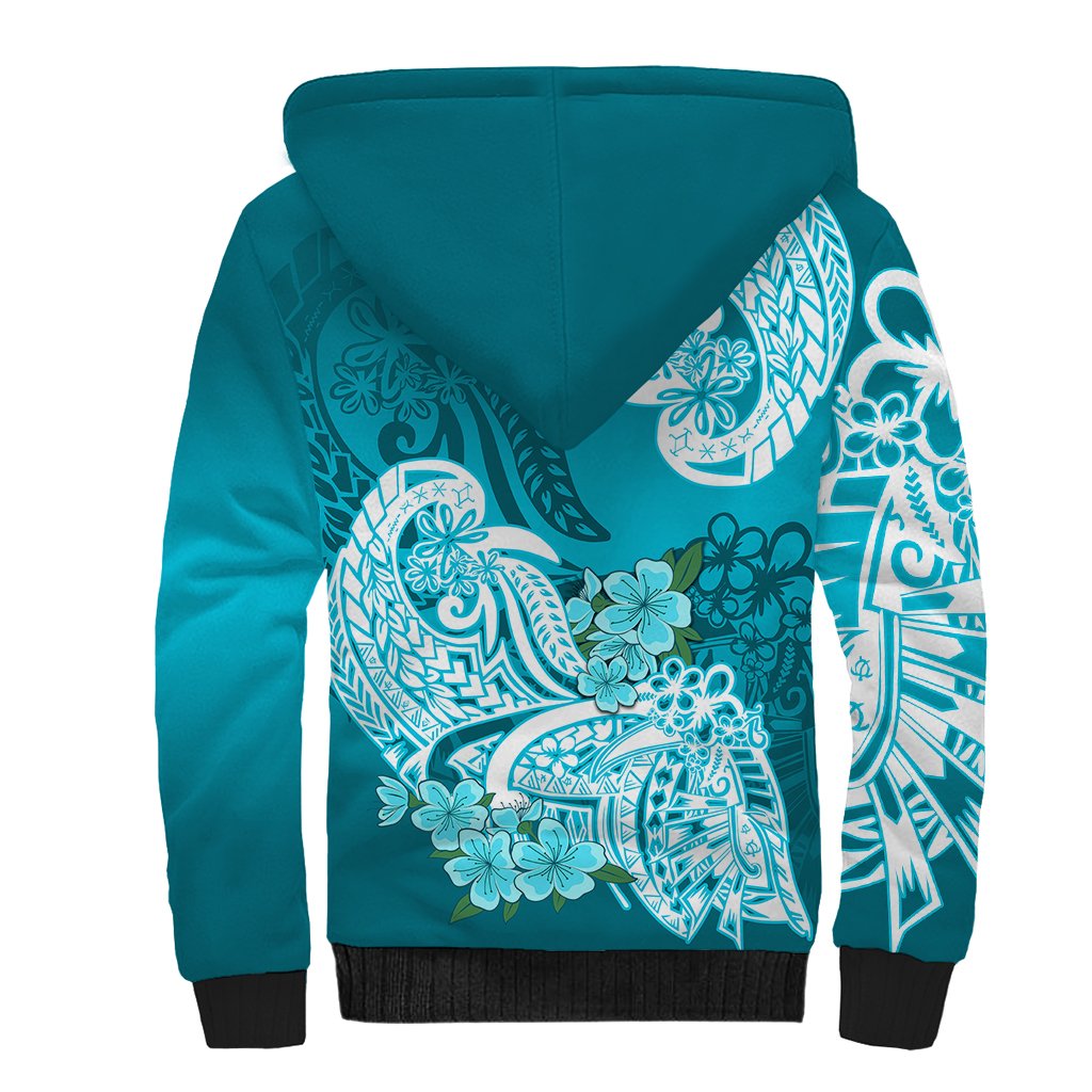 Polynesian Sherpa Hoodie Pacific Flower Mix Floral Tribal Tattoo Aqua Vibe - Wonder Print Shop