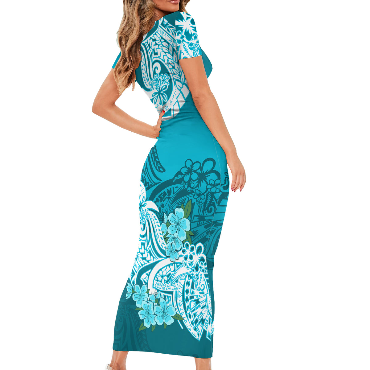 Teal short-sleeve bodycon maxi dress with white floral tribal print, side profile
