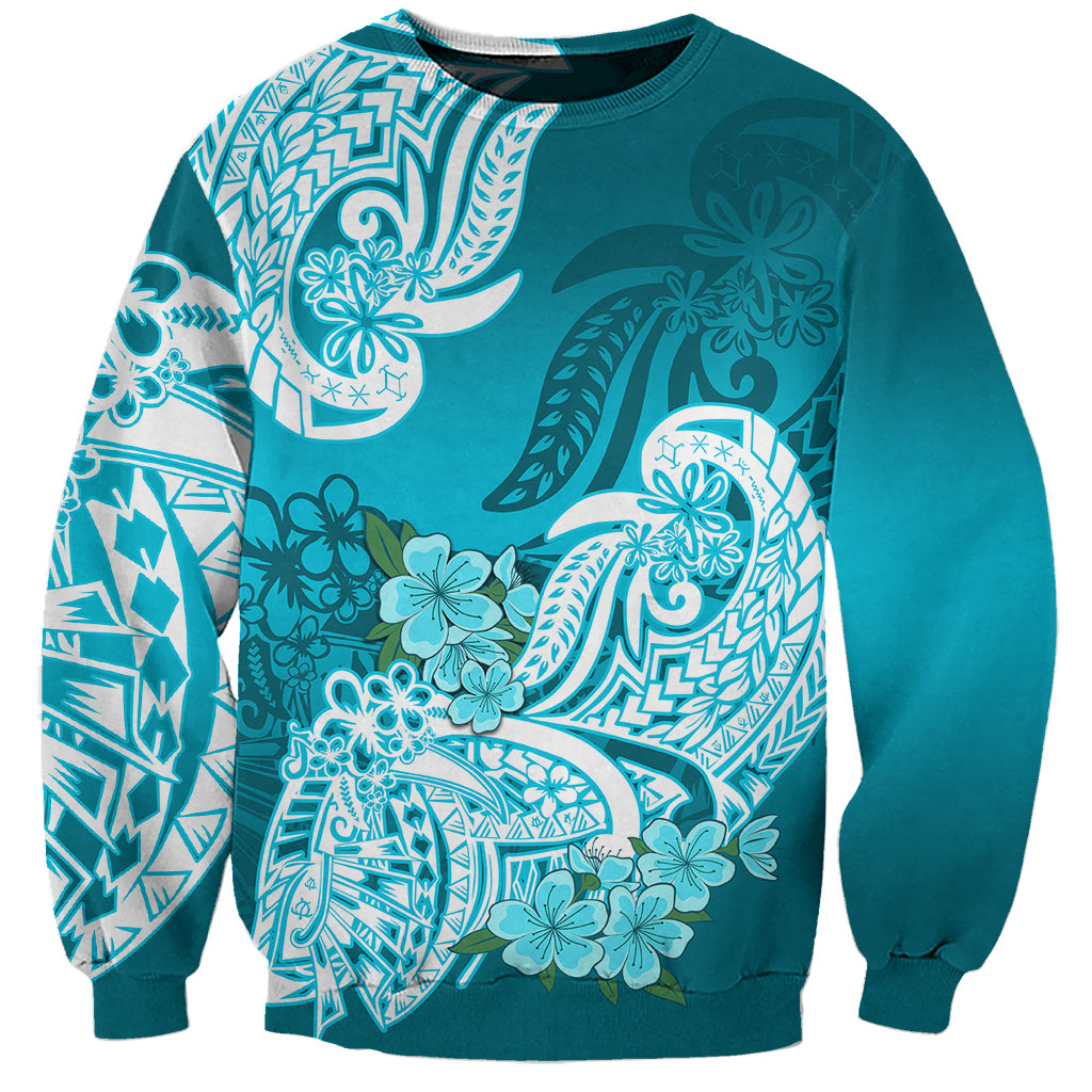 Polynesian Sweatshirt Pacific Flower Mix Floral Tribal Tattoo Aqua Vibe - Wonder Print Shop