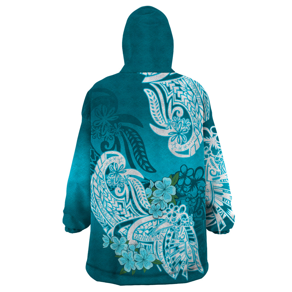 Polynesian Wearable Blanket Hoodie Pacific Flower Mix Floral Tribal Tattoo Aqua Vibe - Wonder Print Shop
